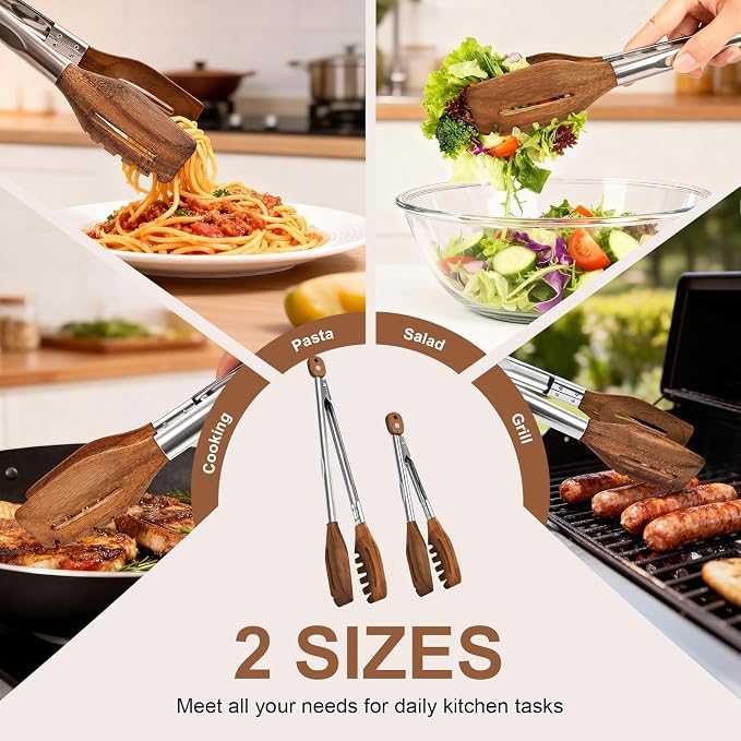 2 Pack 3-in-1 Wooden Tongs for Cooking Natural Walnut Wood kitchen Tongs - Image 7