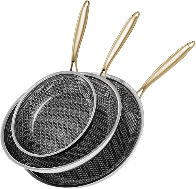 Nonstick Frying Pan Set, 8+10+12 Inch, Honeycomb Stainless Steel Skillet Pans by XBM