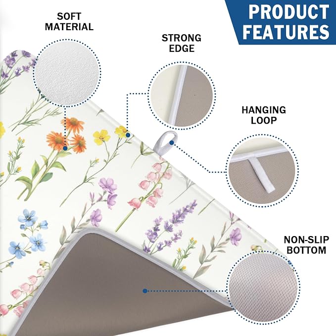 Spring Floral Dish Drying Mat for Kitchen Counter 18 x 24 Inch Colorful Flowers - Image 3