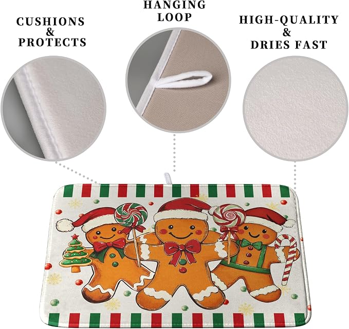 Christmas Dish Drying Mat Gingerbread Man Candy Cane Xmas Tree Drying Mats - Image 3