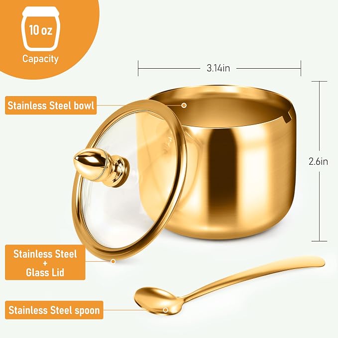 holoith Sugar Container with Glass Lid and Spoon - 10oz Gold Sugar Bowl - Image 3