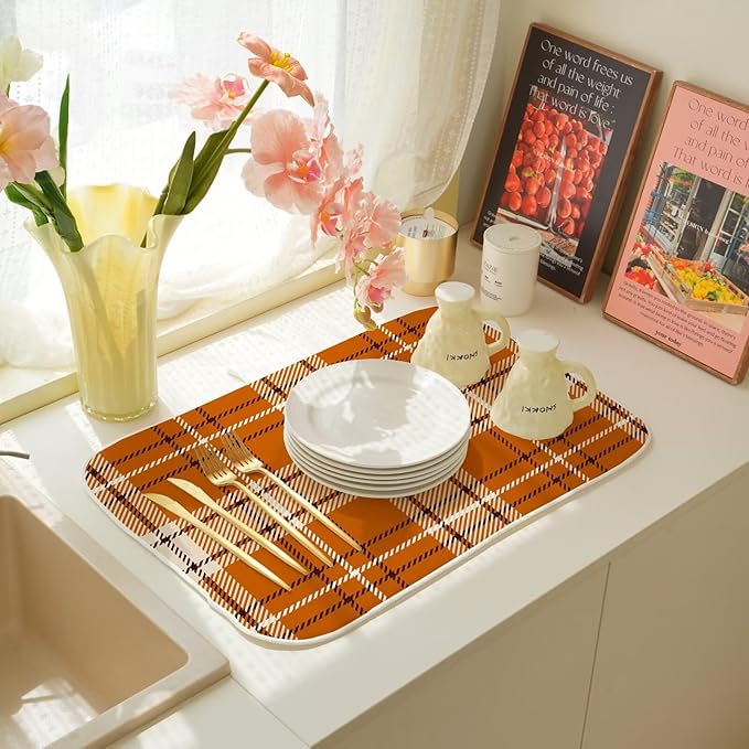 Fall Dish Drying Mat 18 x 24 inch Autumn Orange Buffalo Plaid Themed Decorative - Image 7