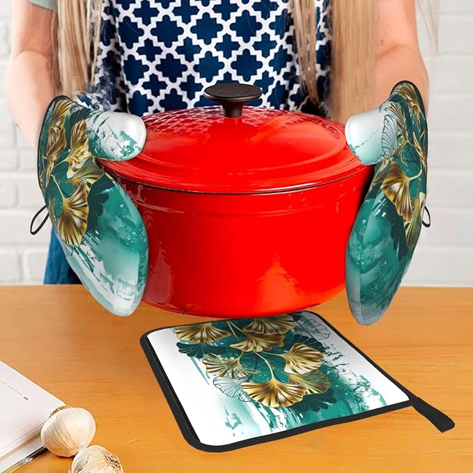 Teal Gold Green Leaves Oven Mitts and Pot Holders Set Heat Resistant Non Slip - Image 7