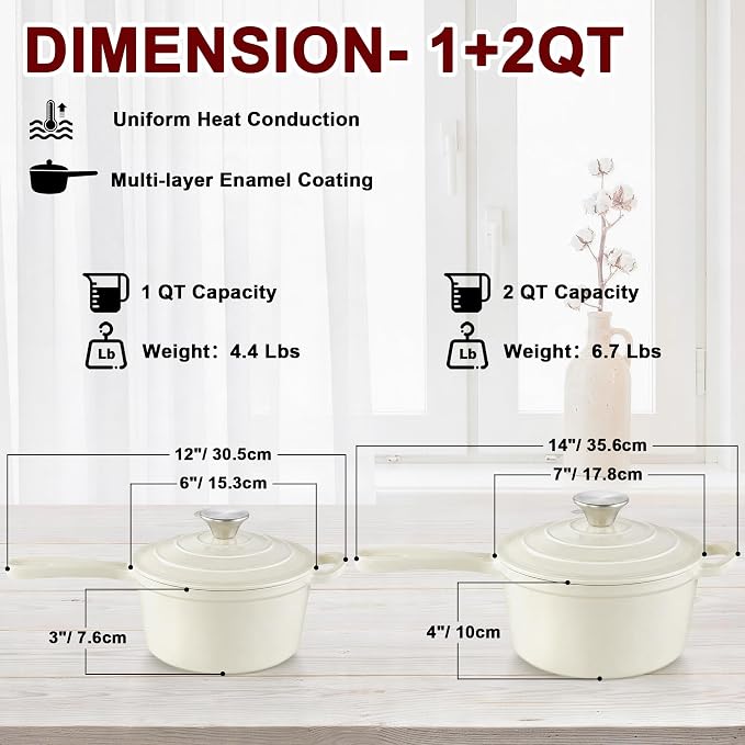 2 Pcs Enameled Sauce Pan with Lid, Leonyo 1 Qt & 2 Qt Cast Iron Saucepan Set - Image 2