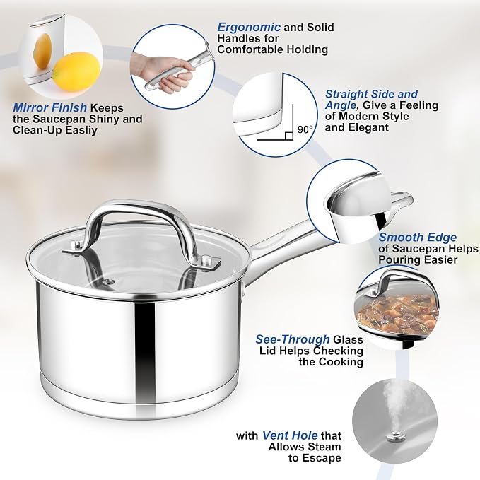 TeamFar Saucepan, 3 qt Stainless Steel Sauce Milk Pan & Lid - Image 3