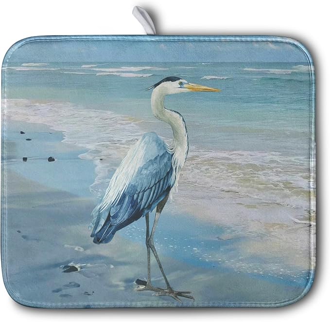 Summer Blue Dish Drying Mat for Kitchen Counter 16x18 Inch Heron Coastal Beach by Kwlegh
