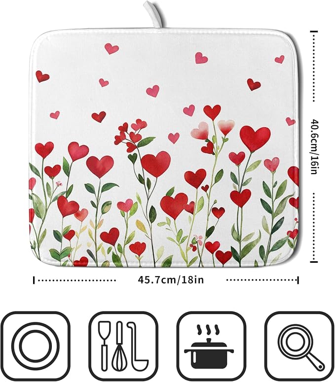 Valentines Day Dish Drying Mat for Kitchen Counter 18x16 Inch Green Red Heart - Image 4