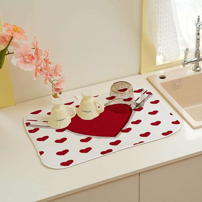 Valentines Dish Drying Mat 18x24 Inch Red Hearts Dish Drainer Protector Pad - Image 5
