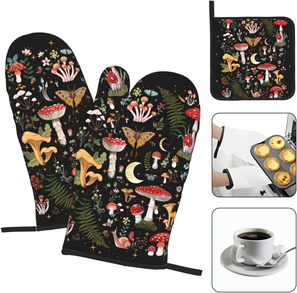 Black Mushroom Oven Mitts and Pot Holders Sets of 3 Witchy Hot Pads