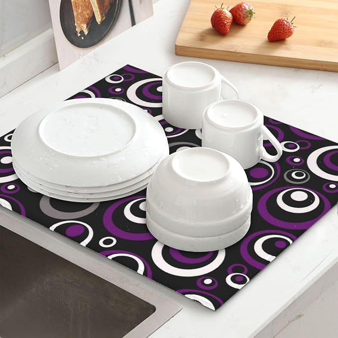 Purple White and Black Circle Pattern Dish Drying Mat, Absorbent Microfiber - Image 2