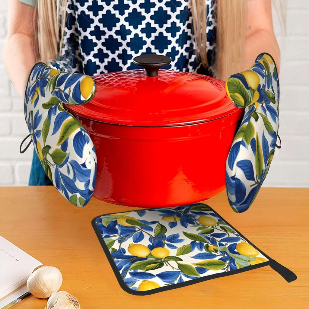 Blue and Yellow Lemon Oven Mitts and Pot Holders Sets of 3 Heat