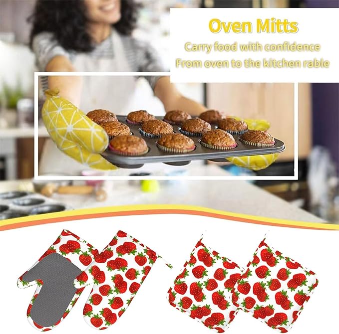 Cute Strawberry Oven Mitts Strawberries Pot Holders Cooking Apron Set of 5 - Image 7