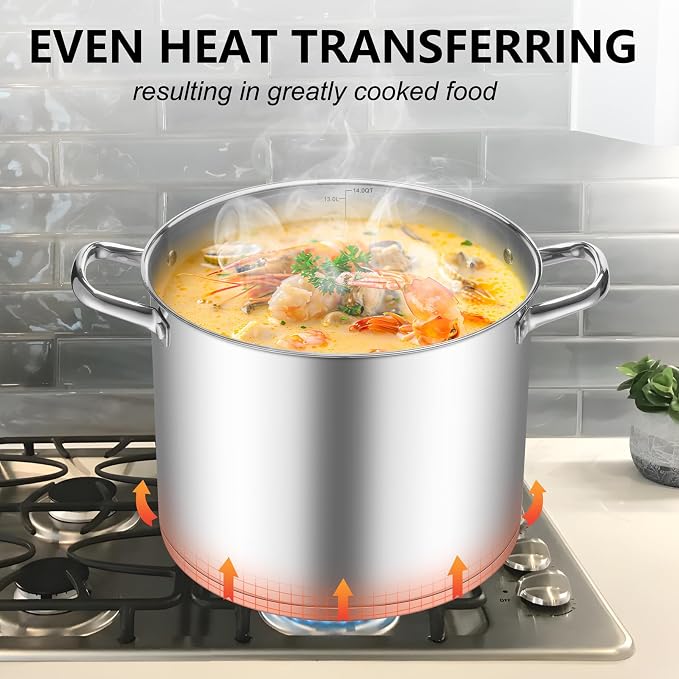 TeamFar Stainless Steel Stock Pot, 14QT Tri-ply Bottom Stockpot Large Cooking - Image 5