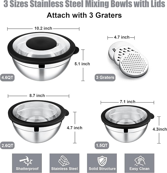 E-far Mixing Bowls with Lids and Graters, Stainless Steel Salad Mixing Bowl - Image 5