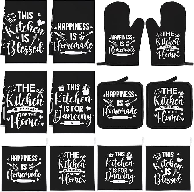 12 Pcs Farmhouse Kitchen Decor and Accessories Sets 4 Black Kitchen Towels 4 by Bencailor