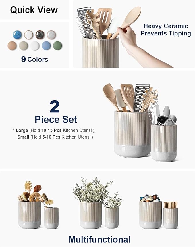LE TAUCI Utensil Holder for Kitchen Counter, 7.3"+5.4" Fluted Ceramic Utensil - Image 2