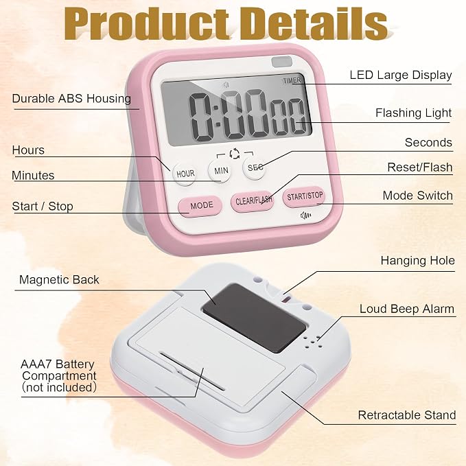 Leumoi 6 Pcs Digital Kitchen Timer 24 Hour Clock and Alarm Function Timer - Image 3