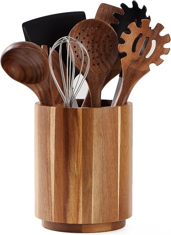 Acacia Wood Utensil Holder for Kitchen Counter, 360° Rotating 7.2" Wooden by LOHONER