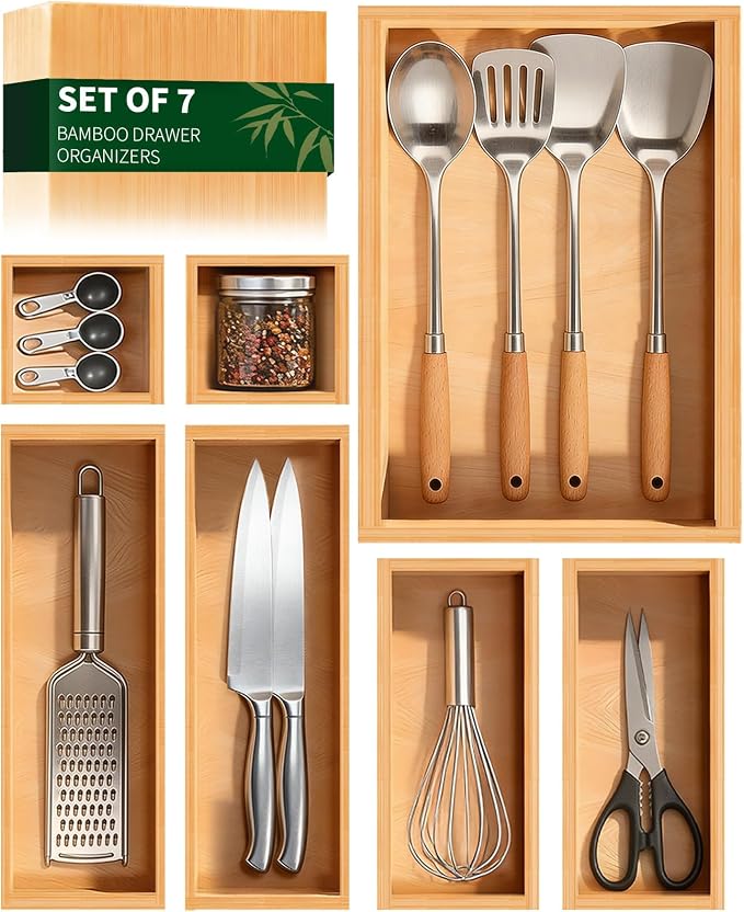 Bamboo Drawer Organizer 7 Pcs for Kitchen Multi-purpose Storage Dividers for by MakeyourLifeBetter