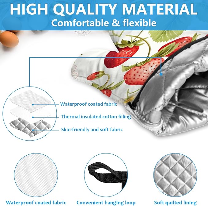 Red Strawberry Flower Oven Mitts and Pot Holders Sets Heat Resistant 4Pcs - Image 3