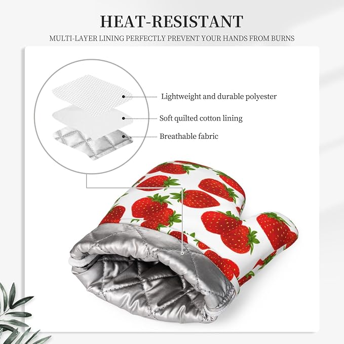 Cute Strawberry Oven Mitts Strawberries Pot Holders Cooking Apron Set of 5 - Image 3