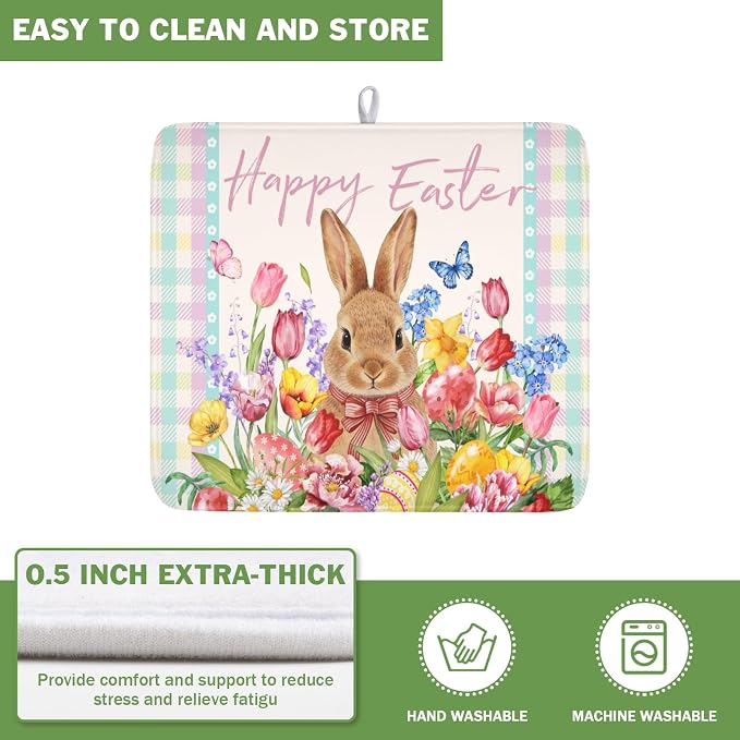 Easter Bunny Dish Drying Mat for Kitchen Counter Happy Easter Rabbit Floral - Image 5