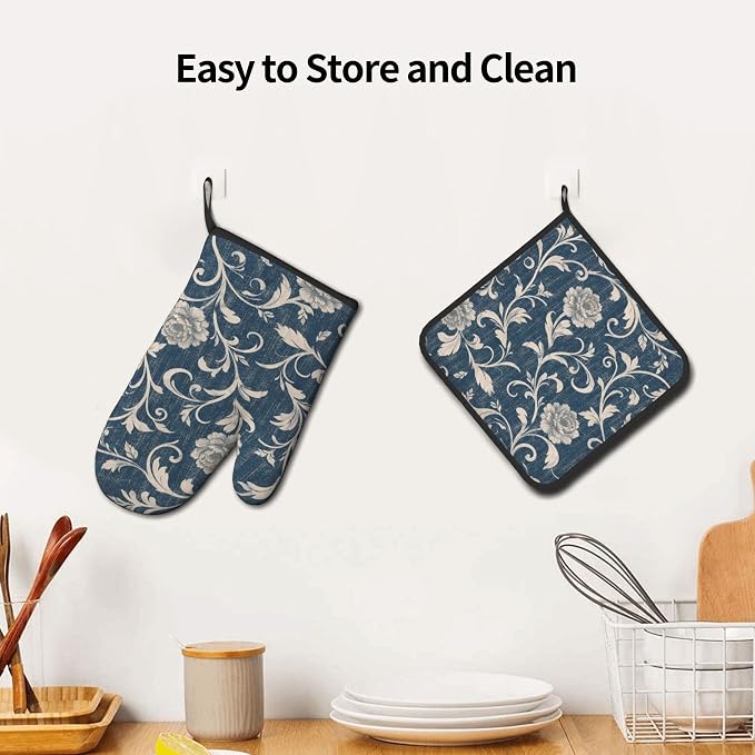 Navy Blue Oven Mitts and Pot Holders Vintage Floral Kitchen Accessories Set of - Image 6