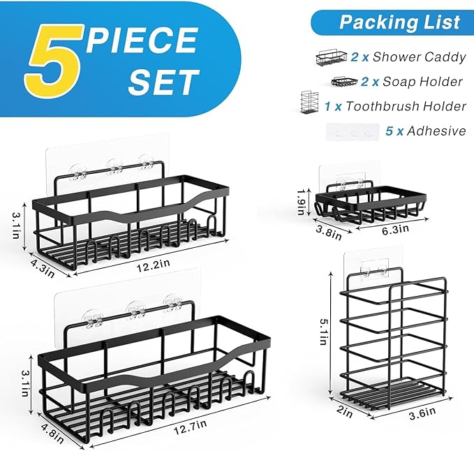 EUDELE 5-Pack Rustproof Stainless Steel Shower Caddy Set– No Drill Adhesive - Image 3