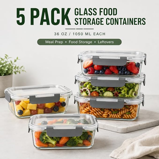5 Pack 36oz Borosilicate Glass Food Storage Containers Set - Image 2