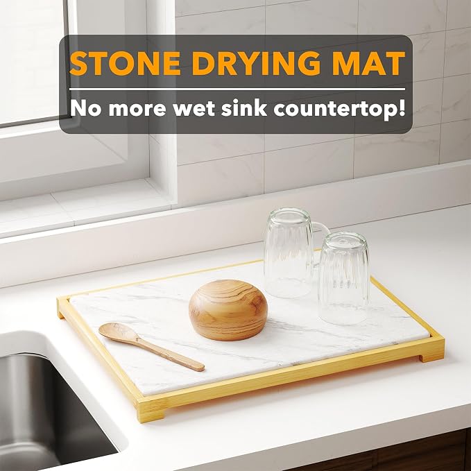 SpaceAid Bamboo Rack Dish Pad, Instant Dry Diatomaceous Earth Mat - Image 2