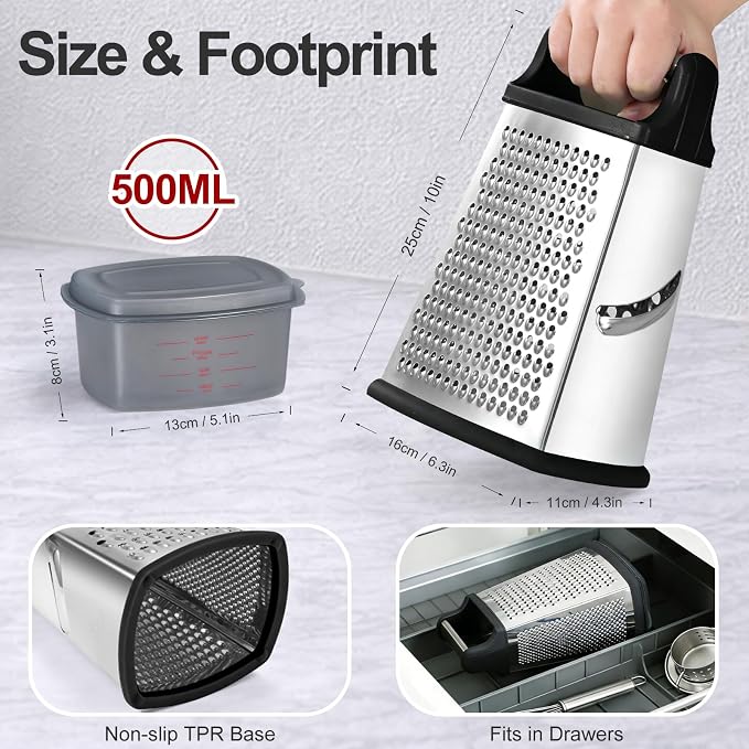 Ourokhome Cheese Grater with Handle, Stainless Steel Box Grater, 4 Side Kitchen - Image 3