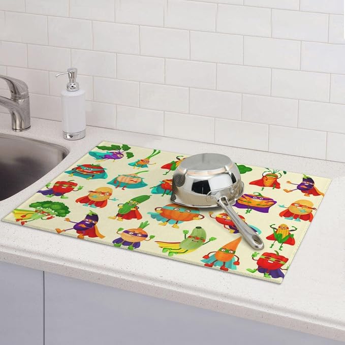 Colorful Cartoon Vegetable Dish Drying Mats, 18 x 24 inch Absorbent Microfiber - Image 2