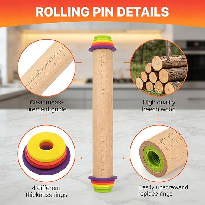 Rolling Pin With Thickness Rings, Adjustable Wooden Rolling Pin Set, 17 inch - Image 3