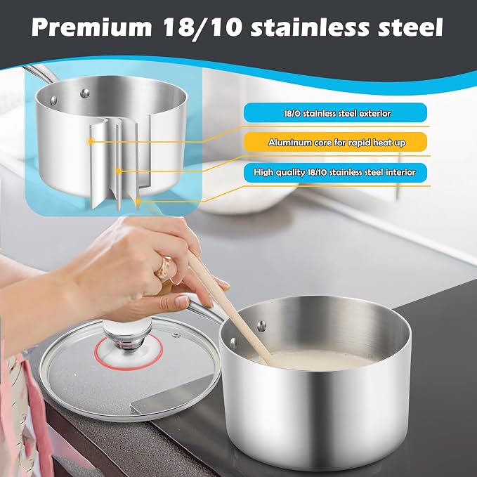 E-far 1-Quart Saucepan, Tri-Ply Stainless Steel Sauce Pan - Image 4