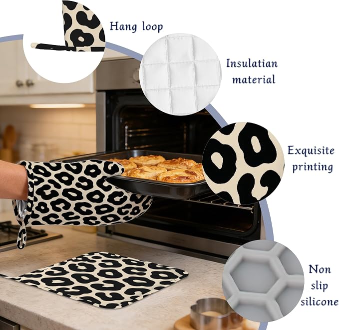 Black Leopard Print Pot Holders and Oven Mitts Set Silicone Cheetah Prints - Image 4