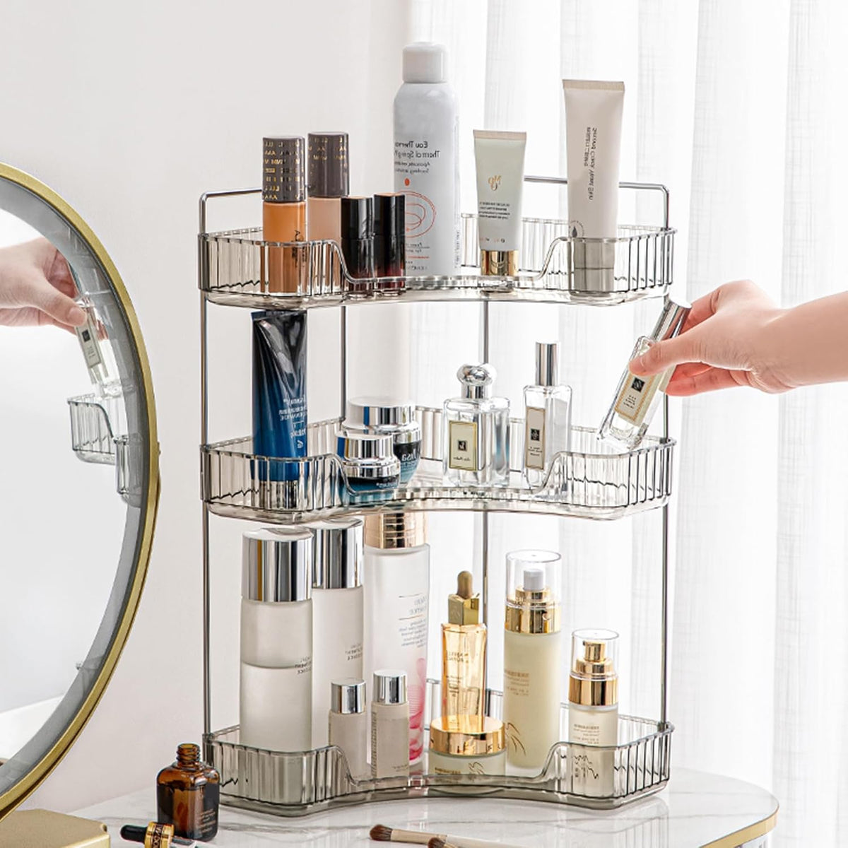 Aveniee Corner Bathroom Organizer, 3 Tier Makeup Shelf Grey