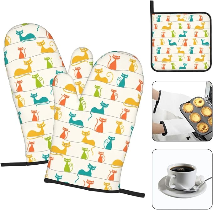 Mid Century Modern Cats Oven Mitts and Pot Holders Set Heat Resistant Cute Oven - Image 3