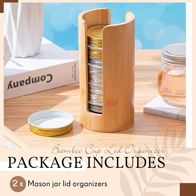 Suclain 2 Pcs Mason Jar Lid Organizer Bamboo Vertical Mason Jar Lid Storage - Image 3