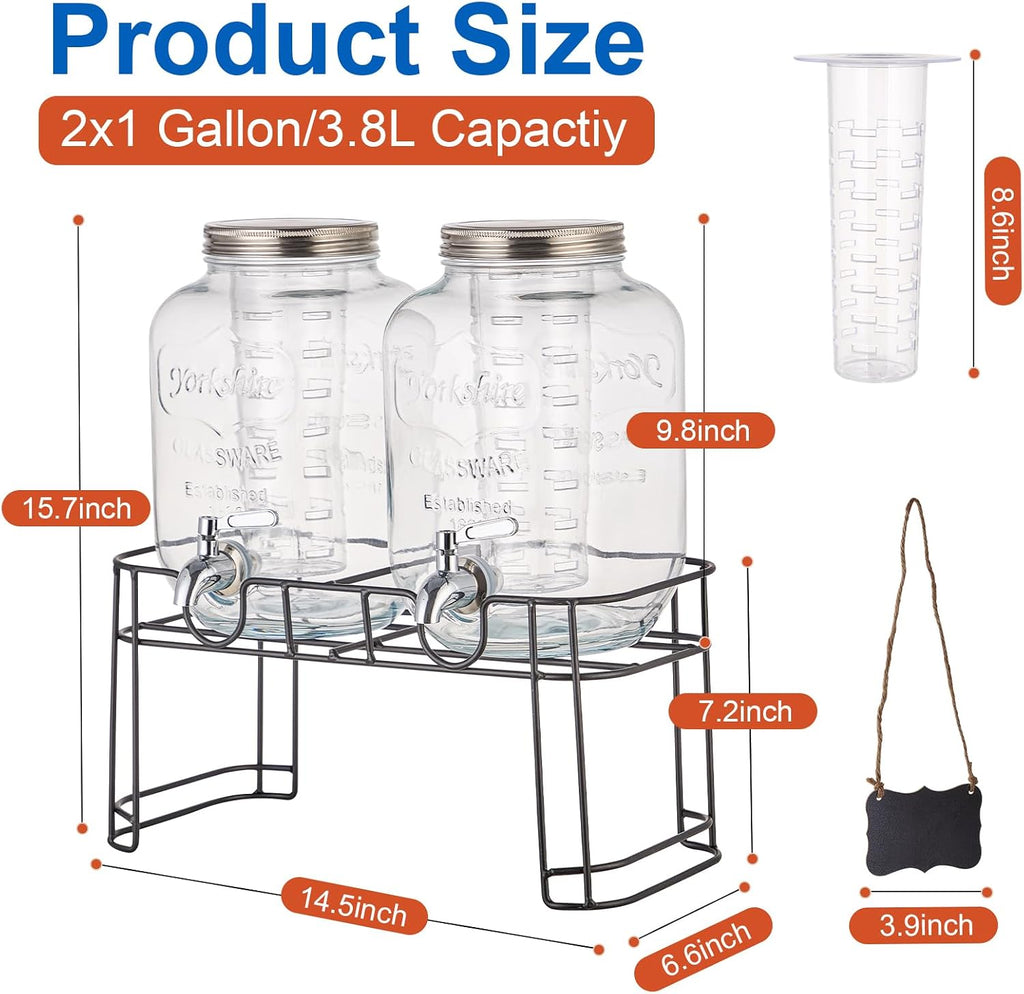 1 Gallon Glass Drink Dispensers for Parties, 2 Pack Beverage Dispenser