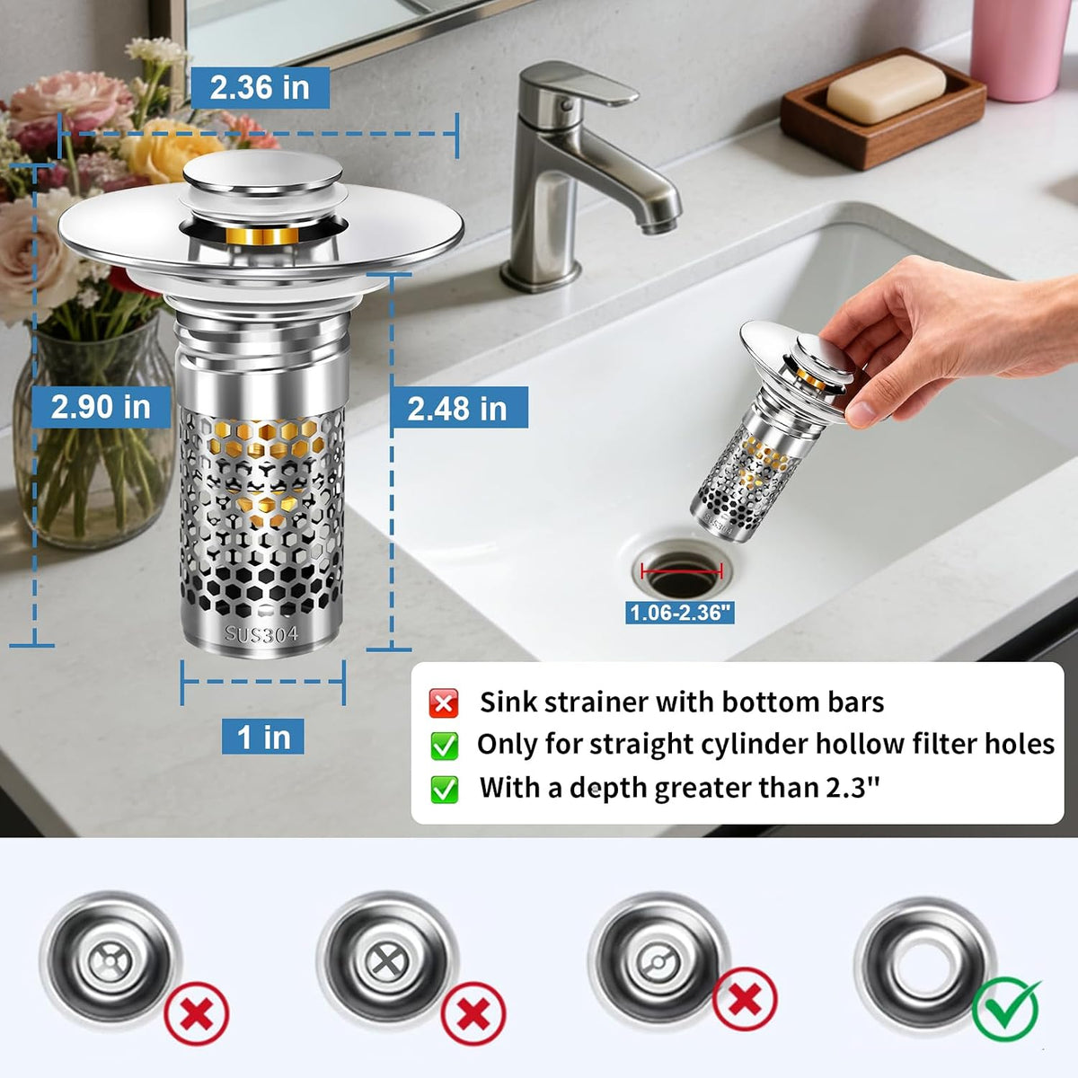 Bathroom Sink Stopper, Pop-up Bathroom Sink Drain Strainer Stopper