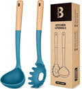 Pasta Fork and Ladle Set, and Sauce Pasta, BPA-Free Matte Silicone, Wood Handle by BADIANO