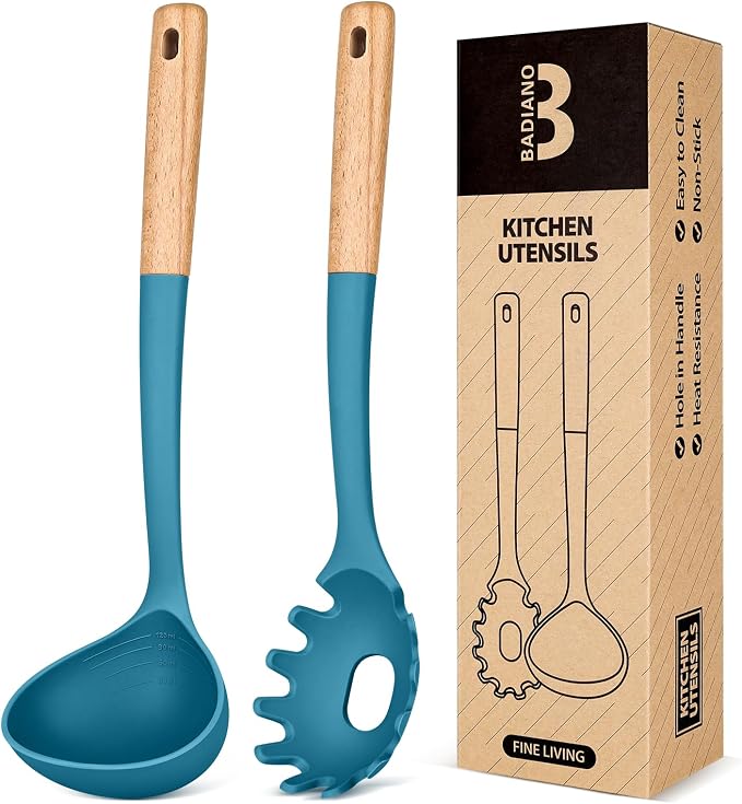 Pasta Fork and Ladle Set, and Sauce Pasta, BPA-Free Matte Silicone, Wood Handle by BADIANO