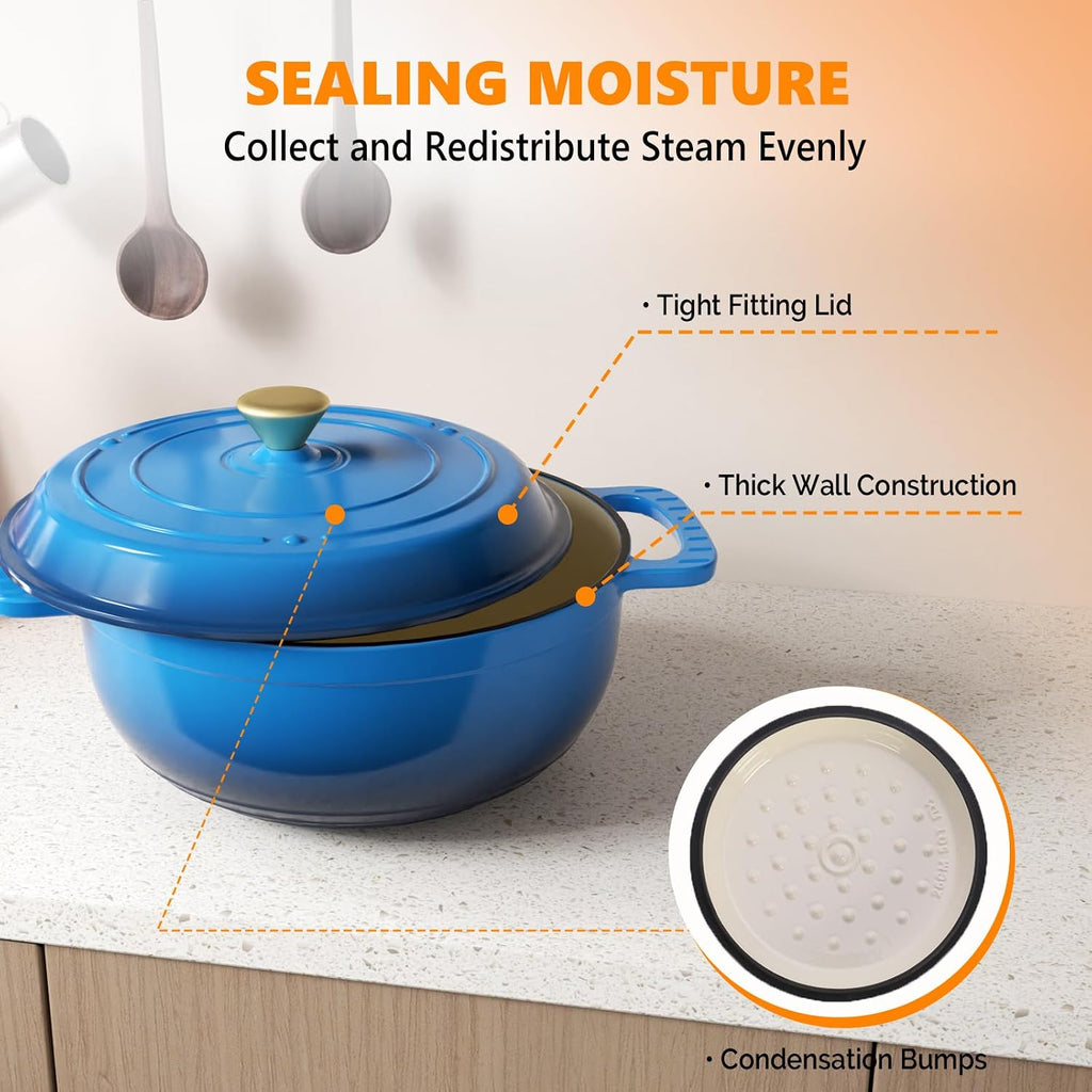 ROVSUN Enameled Cast Iron Round Dutch Oven, 6QT, Blue