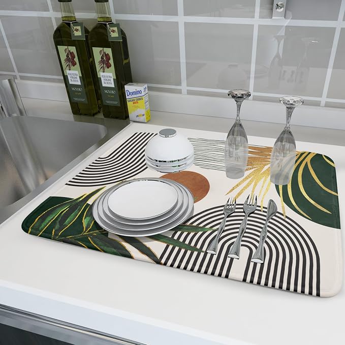 Boho Leaves Dish Drying Mat 18x24 inch Mid Century Absorbent Drainer Rack Mats - Image 6