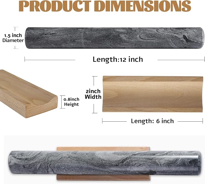 Koville African Natural Marble French Rolling Pin, 12inch Non-Stick Rolling Pin - Image 2