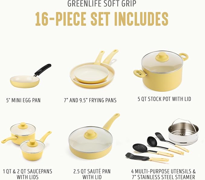 GreenLife 16 Piece Nonstick Cookware Set, Soft Grip Non-Toxic PFAS-Free Ceramic - Image 4