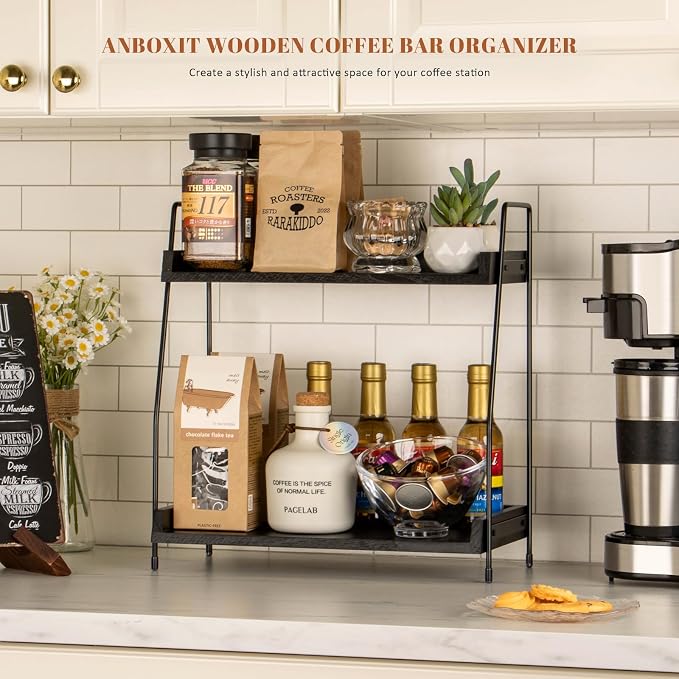 ANBOXIT 2-Tier Coffee Station Organizer, Wooden Kitchen Counter Shelf - Image 2