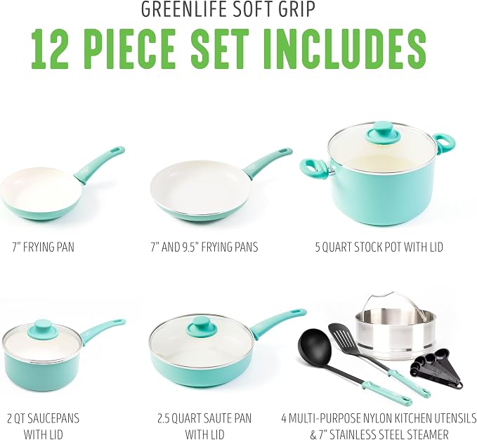 GreenLife Soft Grip Healthy Ceramic Nonstick 12 Piece Cookware Pots and Pans Set - Image 4