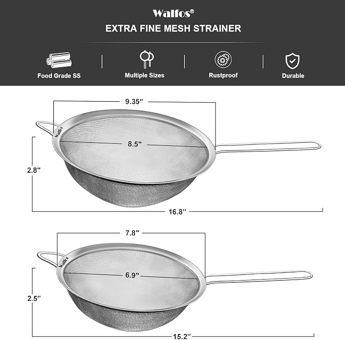 Walfos Large Fine Mesh Strainer 9.35" & 7.8", Stainless Steel Mesh Sieve - Image 3