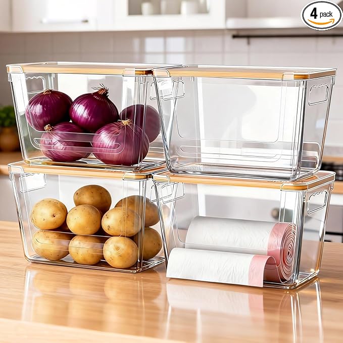 4 Pack Clear Storage Bins with Bamboo Lid, Garbage Bag Dispenser, Pantry by Unknown